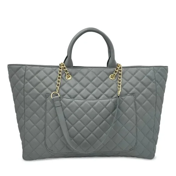 Gilda Paris Large Quilted Tote Bag Grey Vegan Leather and Gold Accents - Picture 3 of 8